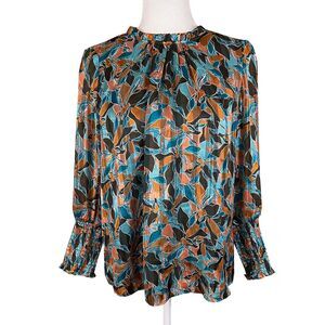 Maison d'Amelie Paris Pleated Blouse Size S (READ) Teal Bronze Gold Leaf Print